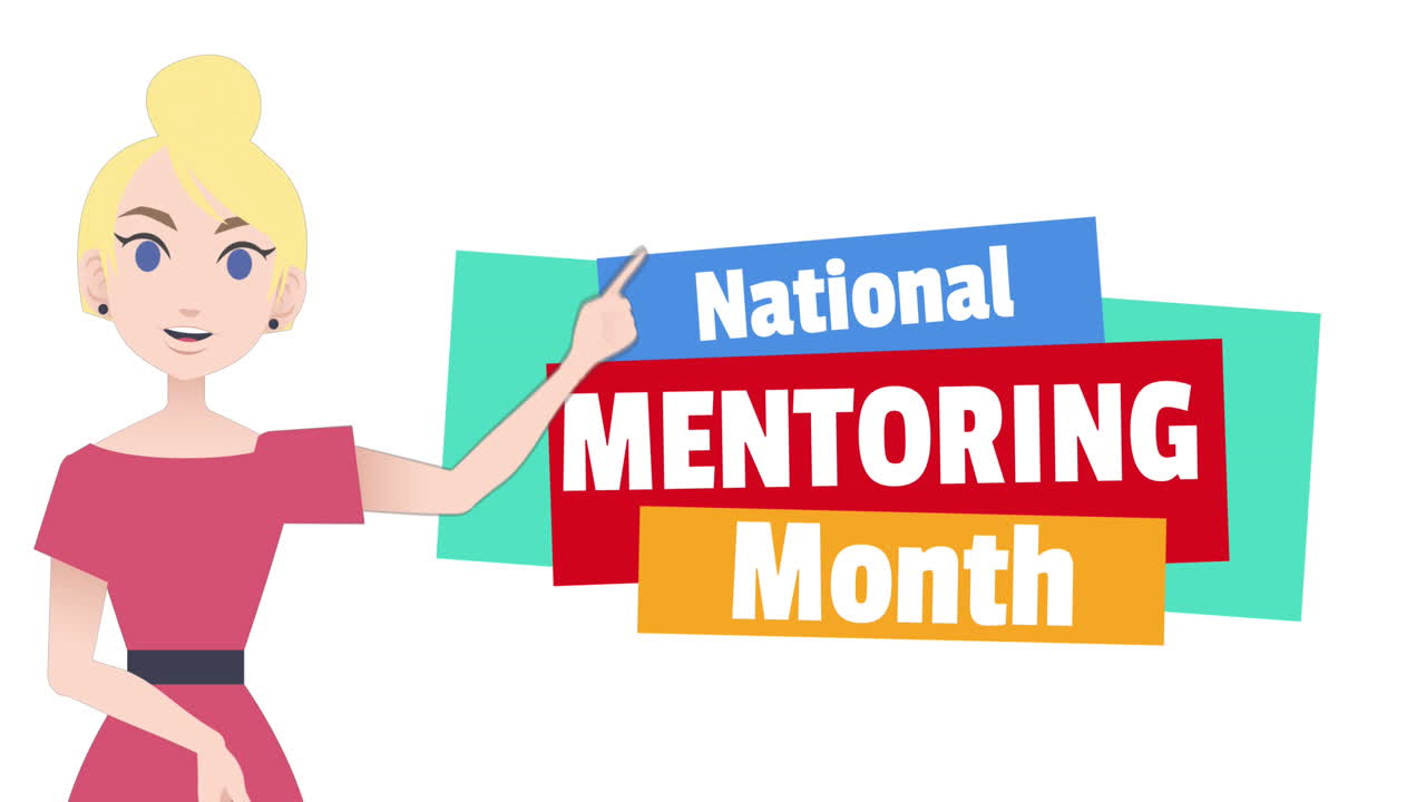 Animation af en kvinde, der taler over tekst med 'National Mentoring Month'