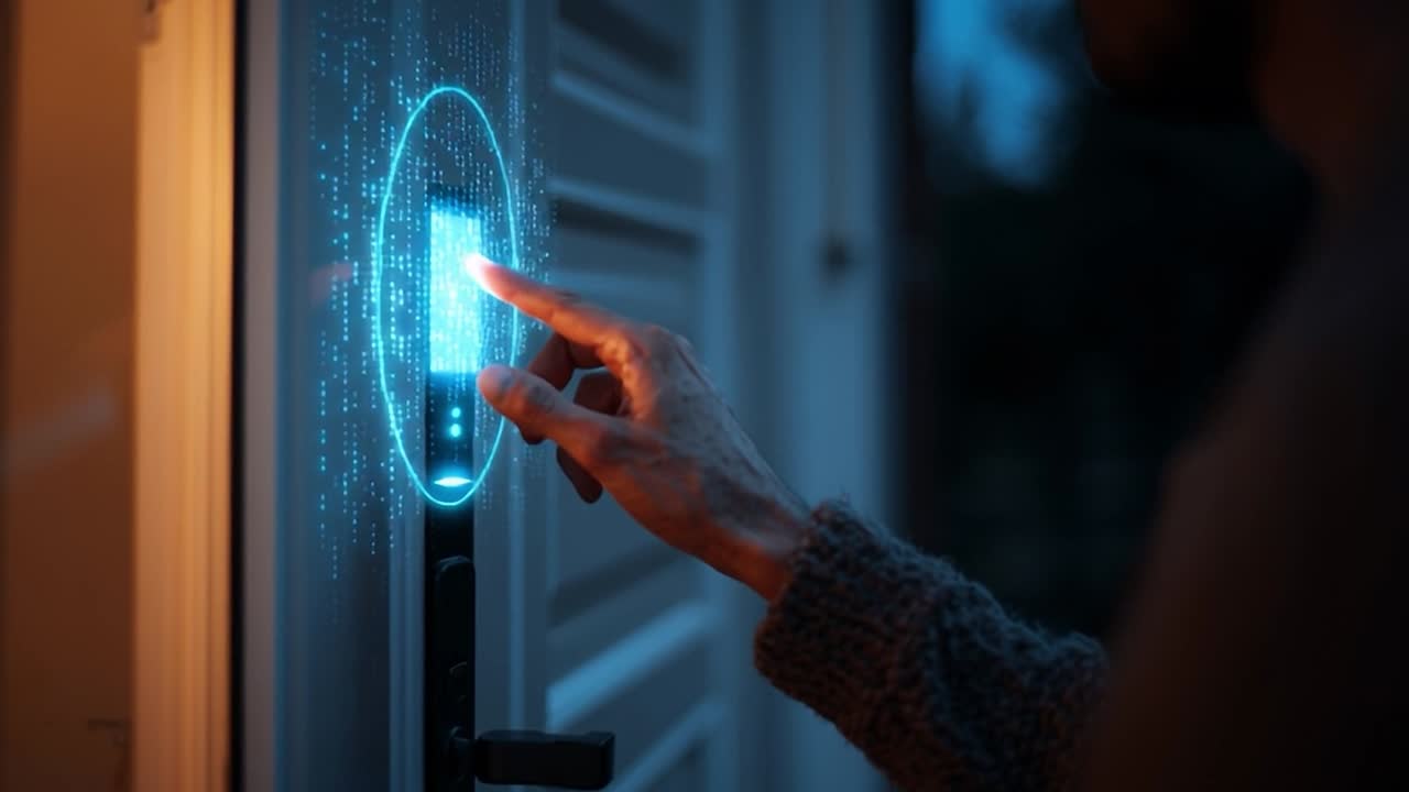 Smart lock being accessed at dusk with a glowing fingerprint scanner