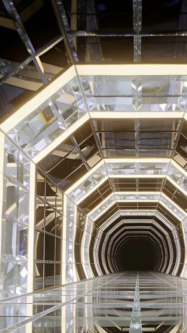 Vertical video: Moving camera revealing LED hex tunnel at atrium showing depth, mirrors