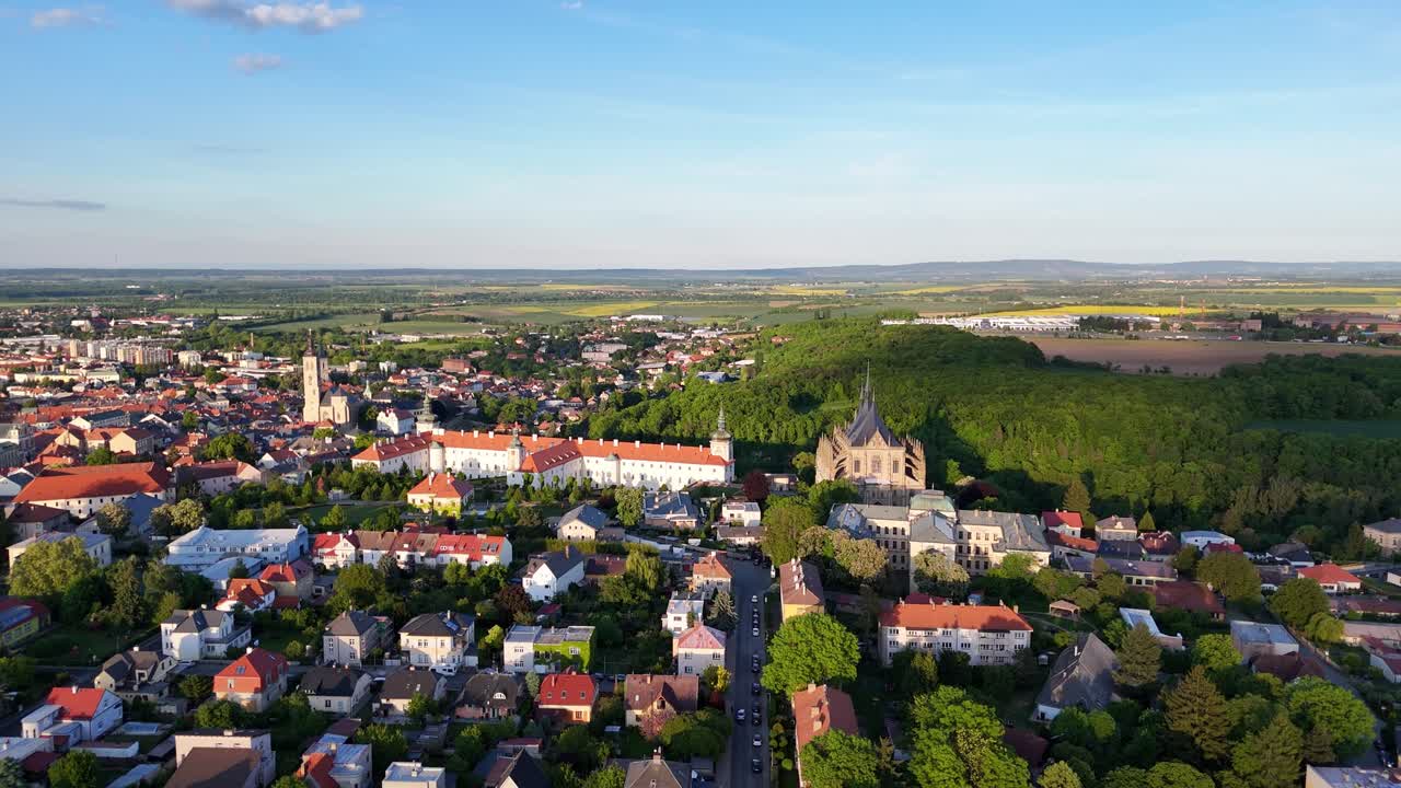 Kutna Hora Town With St Barbara Cathedral In The Distance In Czech Republic. - aerial shot