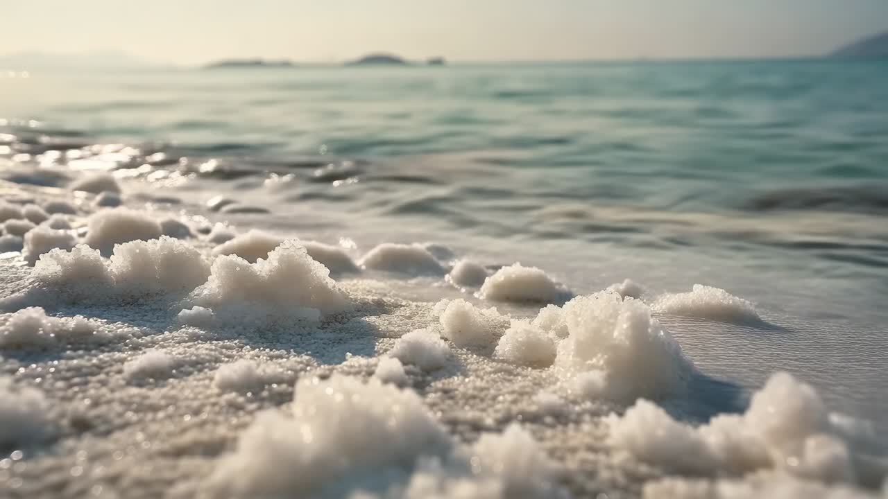 Onde leggere in arrivo che sollevano un piccolo cumulo di schiuma sulla sabbia bagnata sulla riva, il sole che luccica sulle isole