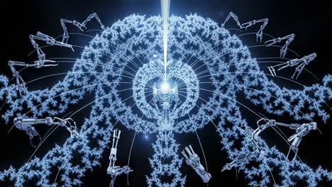 a futuristic display of robotic arms and radiant energy in motion, capturing the intricacies of technology and advanced automation in a dazzling visual representation