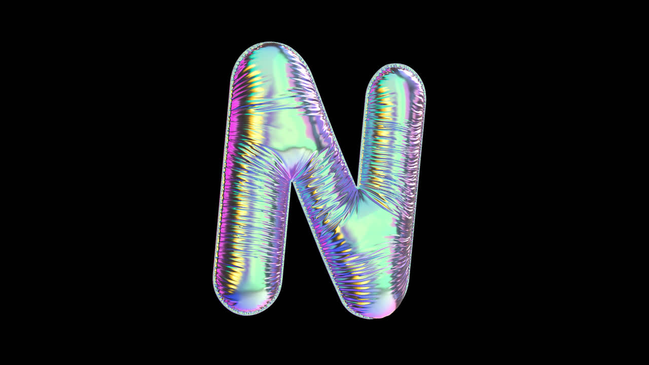 Lettera N olografica iridescente rotante su sfondo nero