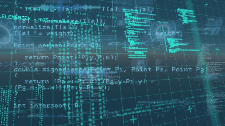 Animation of data processing and digital screens on blue background