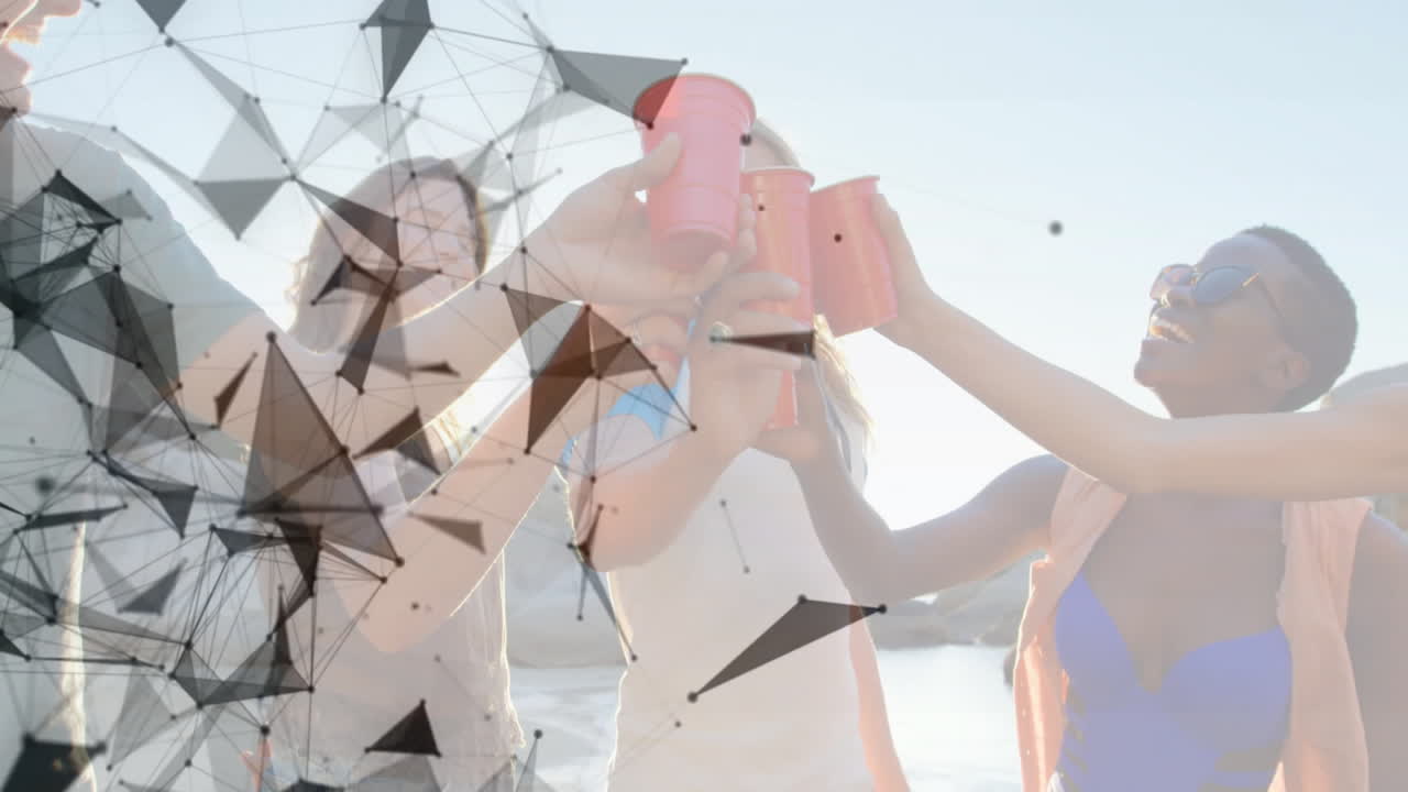 People raising red cups in celebration with geometric shapes overlay animation