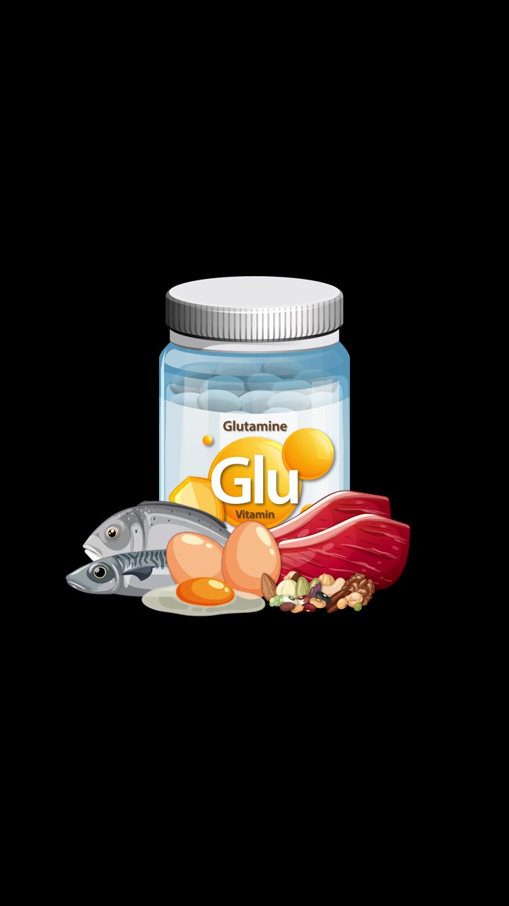 Glutamine supplement bottle gradually surrounded by fish, meat, eggs, and nuts on black background