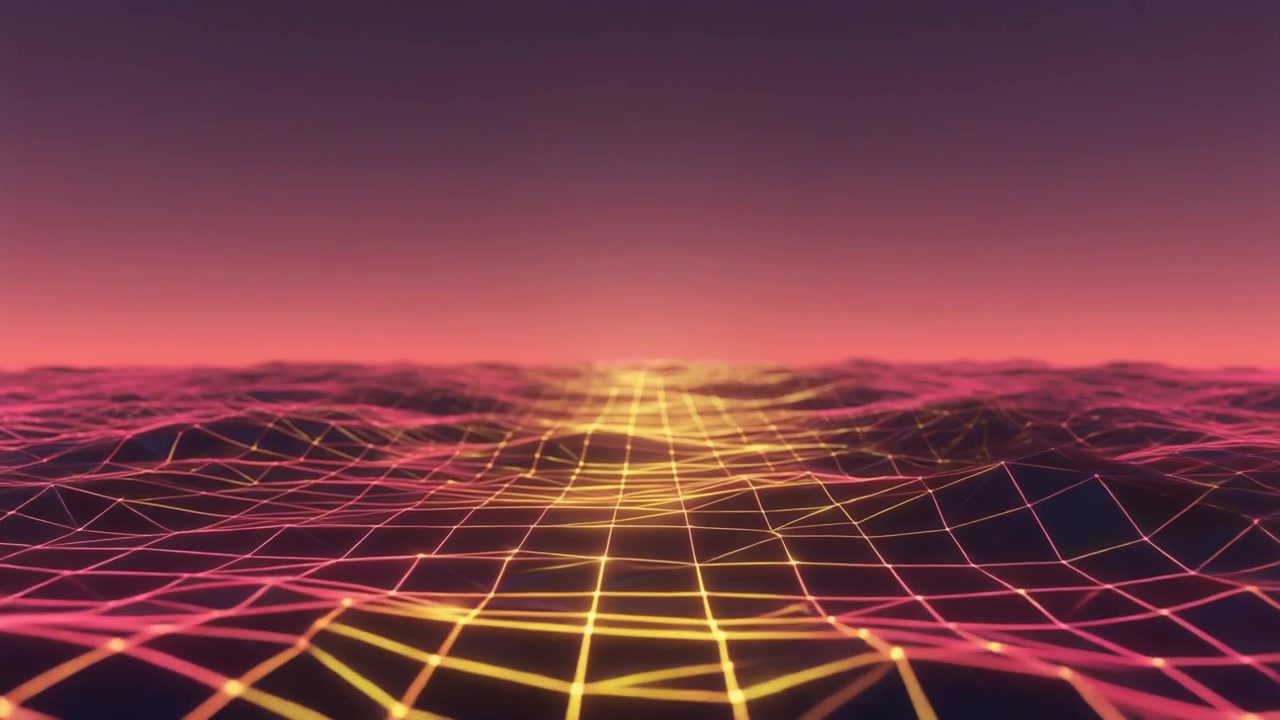 Paesaggio digitale in stile retro synthwave con griglia wireframe luminosa