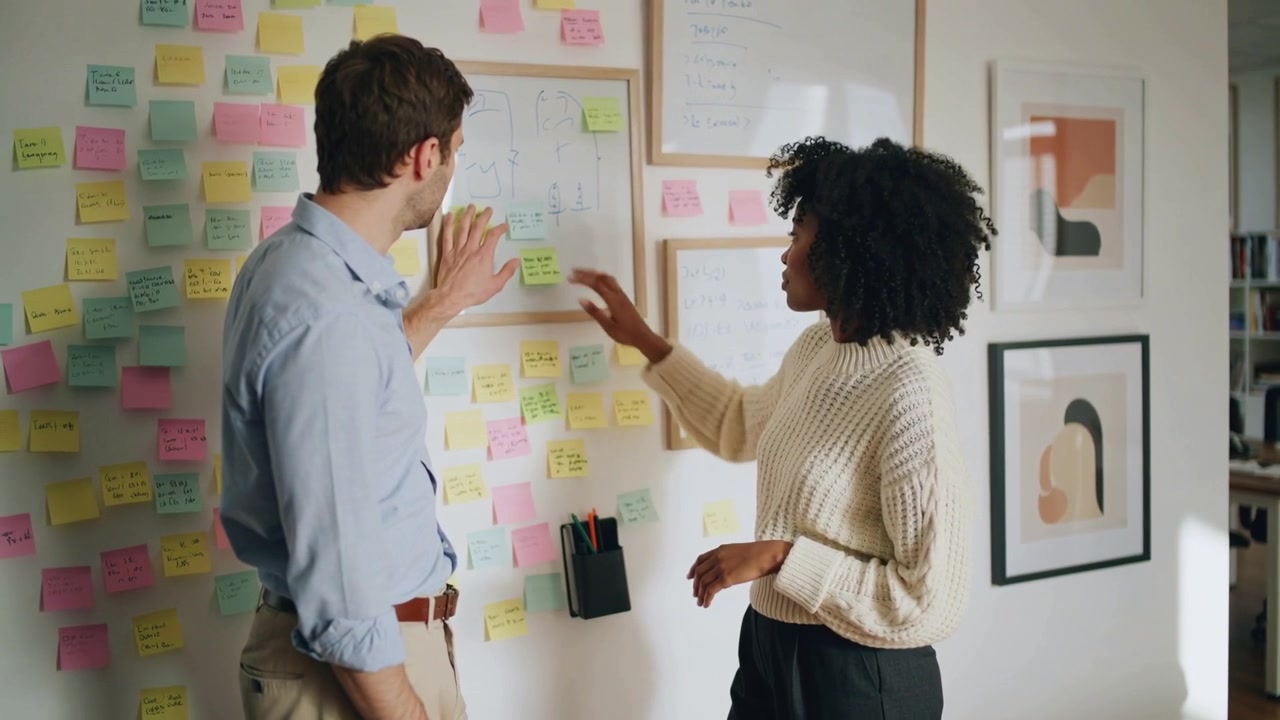 Pointing man blue shirt guiding woman cream sweater moving green sticky note on work wall, planning