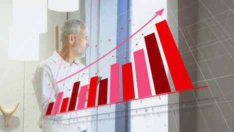 animación del procesamiento de datos financieros sobre un empresario caucásico que usa un teléfono inteligente