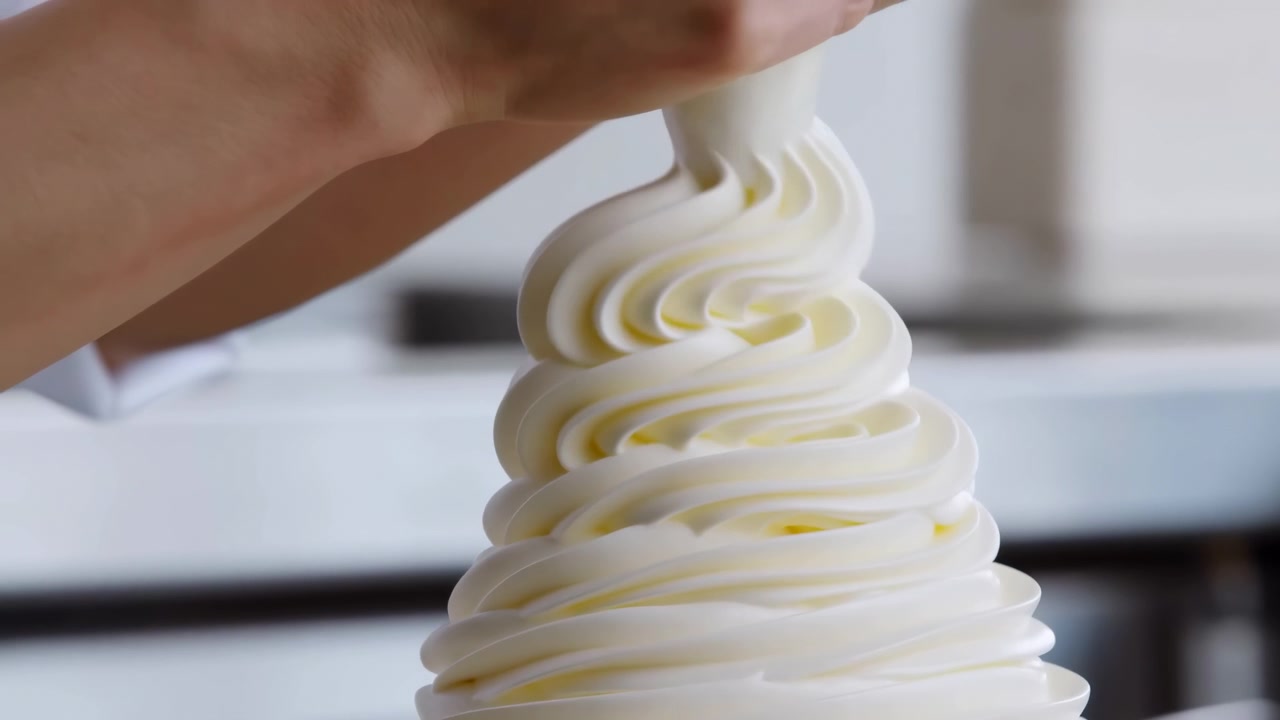 Close-up hands guide creamy topping into tall circular layers while spiral pattern grows upward, showing smooth texture, white color, soft lighting, and shallow background focus in kitchen setting.