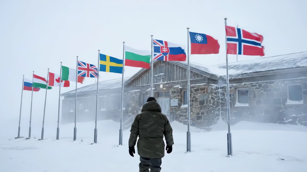 Person Walks Towards Research Station with International Flags in Snowy Landscape