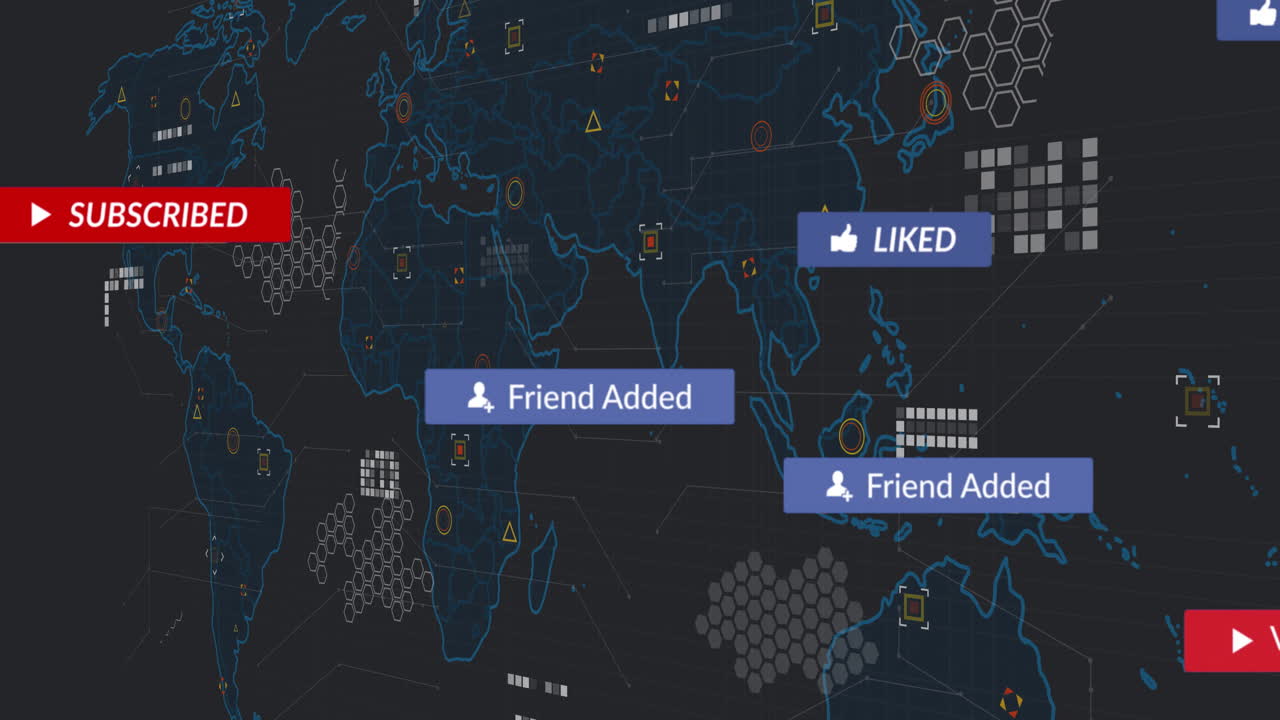 Red SUBSCRIBED panel floating over neon blue world map, radiating network lines to colorful nodes
