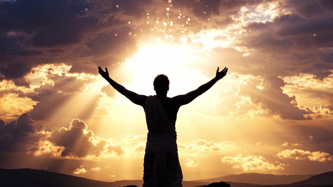 Una figura contemplativa in piedi in ammirazione davanti a un tramonto maestoso, illuminata da raggi di luce che filtrano attraverso nuvole drammatiche, che abbraccia momenti di riflessione e serenità.
