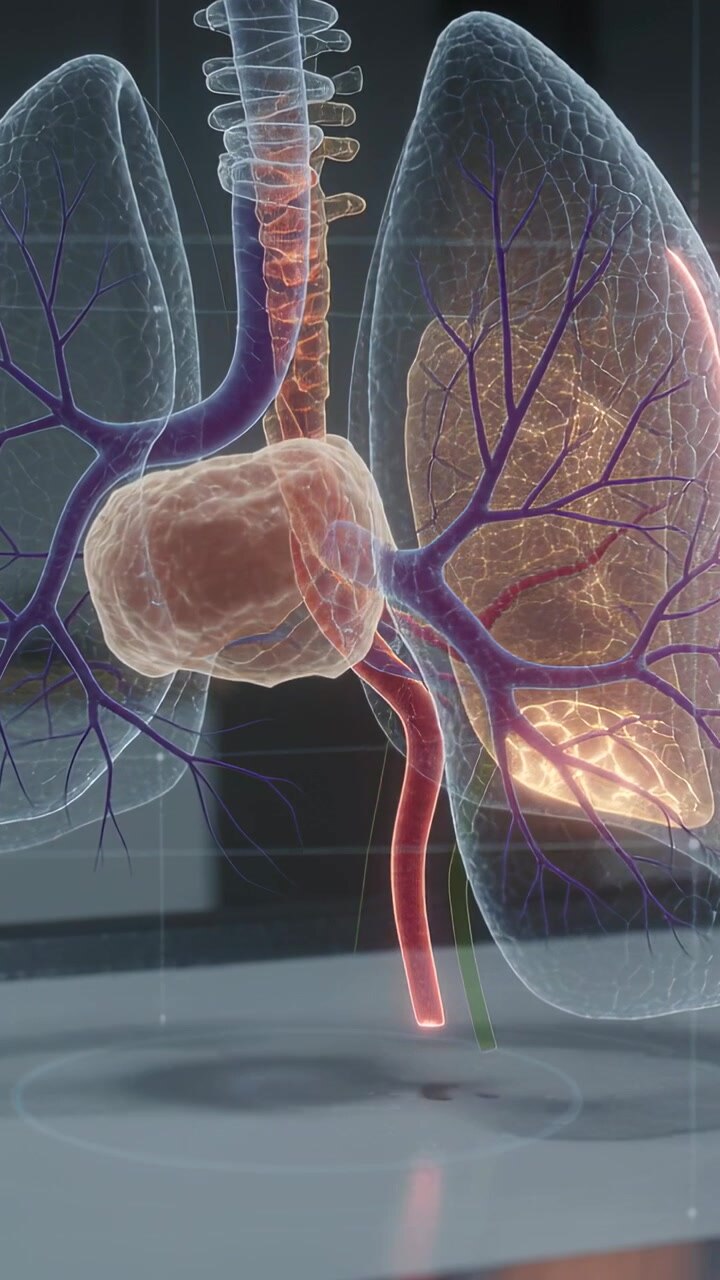 Vertical video: Animation starting lung model lowering and rotating in demo room showing red vessel