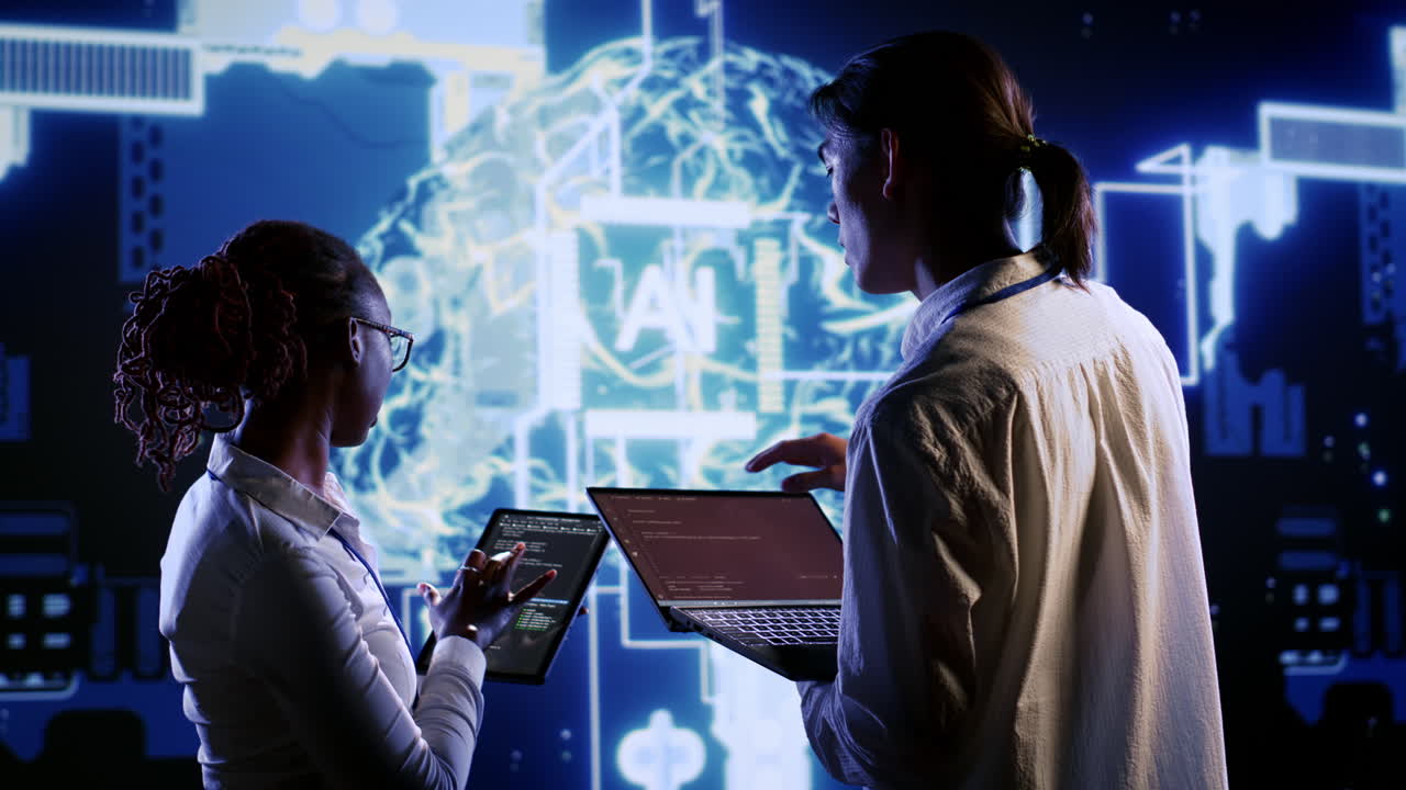 Team members oversee AI neural network