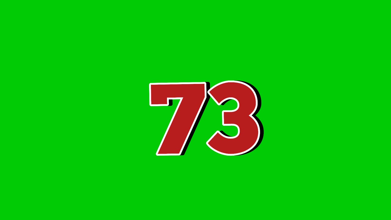 Animazione del simbolo del numero 73, grafica in movimento, cartone animato, sfondo green screen. Elementi video con effetti di fumo di numero rosso.