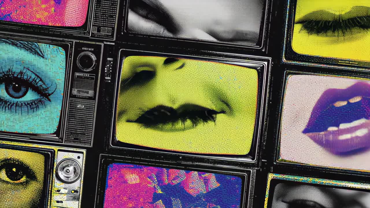 Dynamisk collage af vintage fjernsynsskærme, der viser farverige nærbilleder af kvindelige øjne og læber med kornet tekstur og glitch-effekter, ideelt til mode-, musik-, skønheds- eller popkunst-tematiserede projekter.