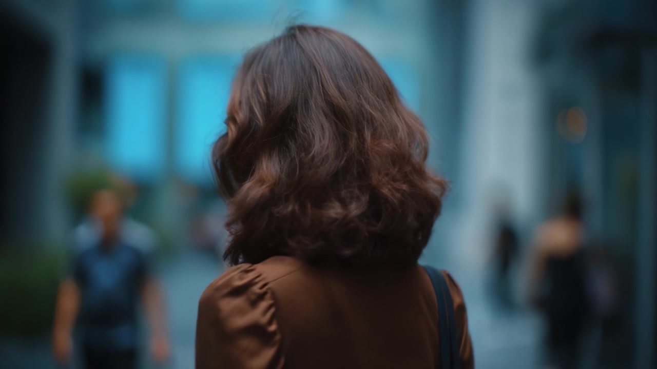 A woman with curly hair in a brown outfit walks through a bustling urban environment, gazing away from the camera as people move in the background, creating a lively atmosphere.