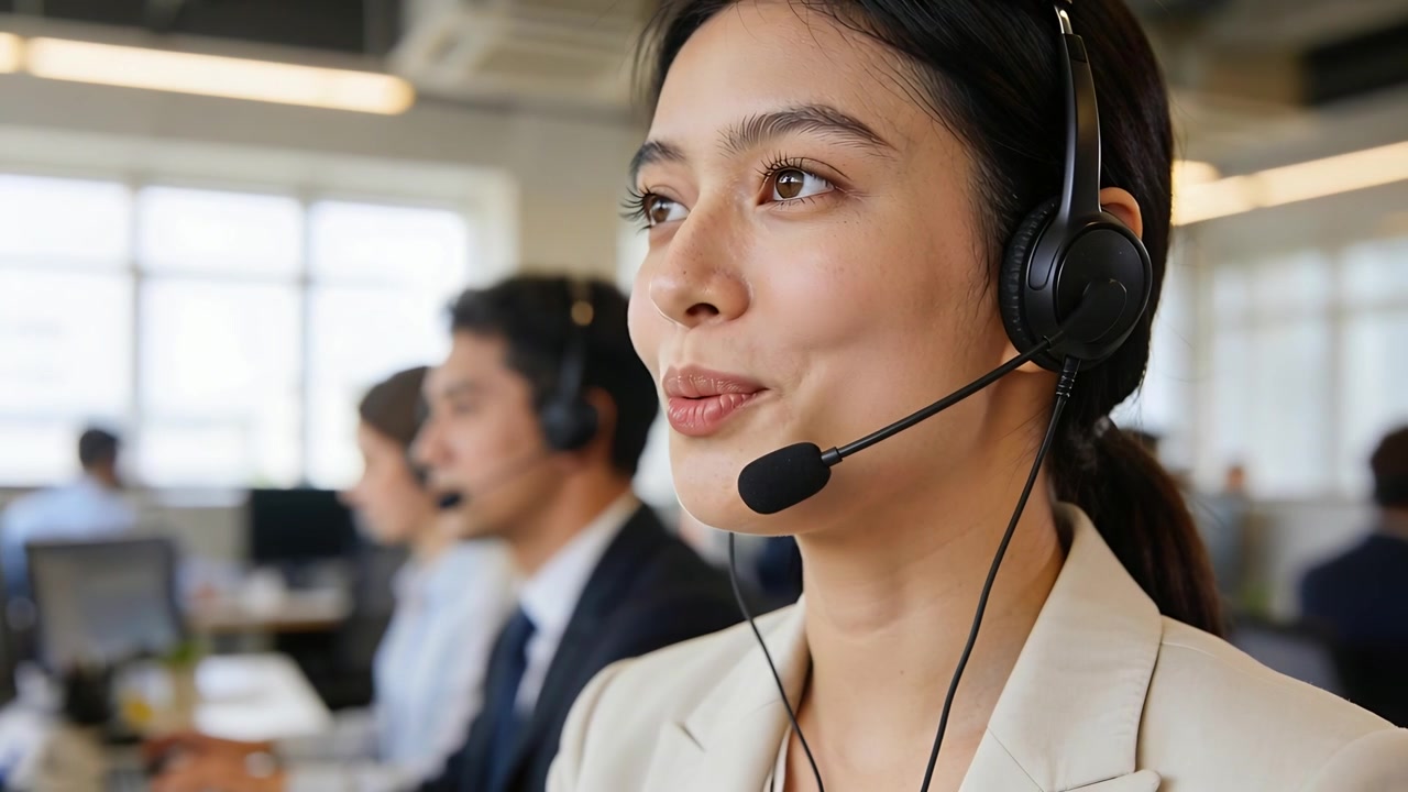 Donna in blazer che risponde a una chiamata, parla in un auricolare e aiuta un cliente in ufficio, con spazio per il testo