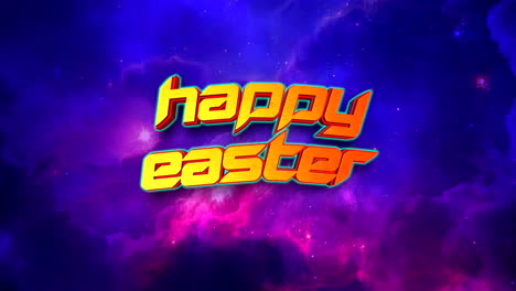 Cartoon-Happy-Easter-text-in-galaxy-with-stars-and-clouds