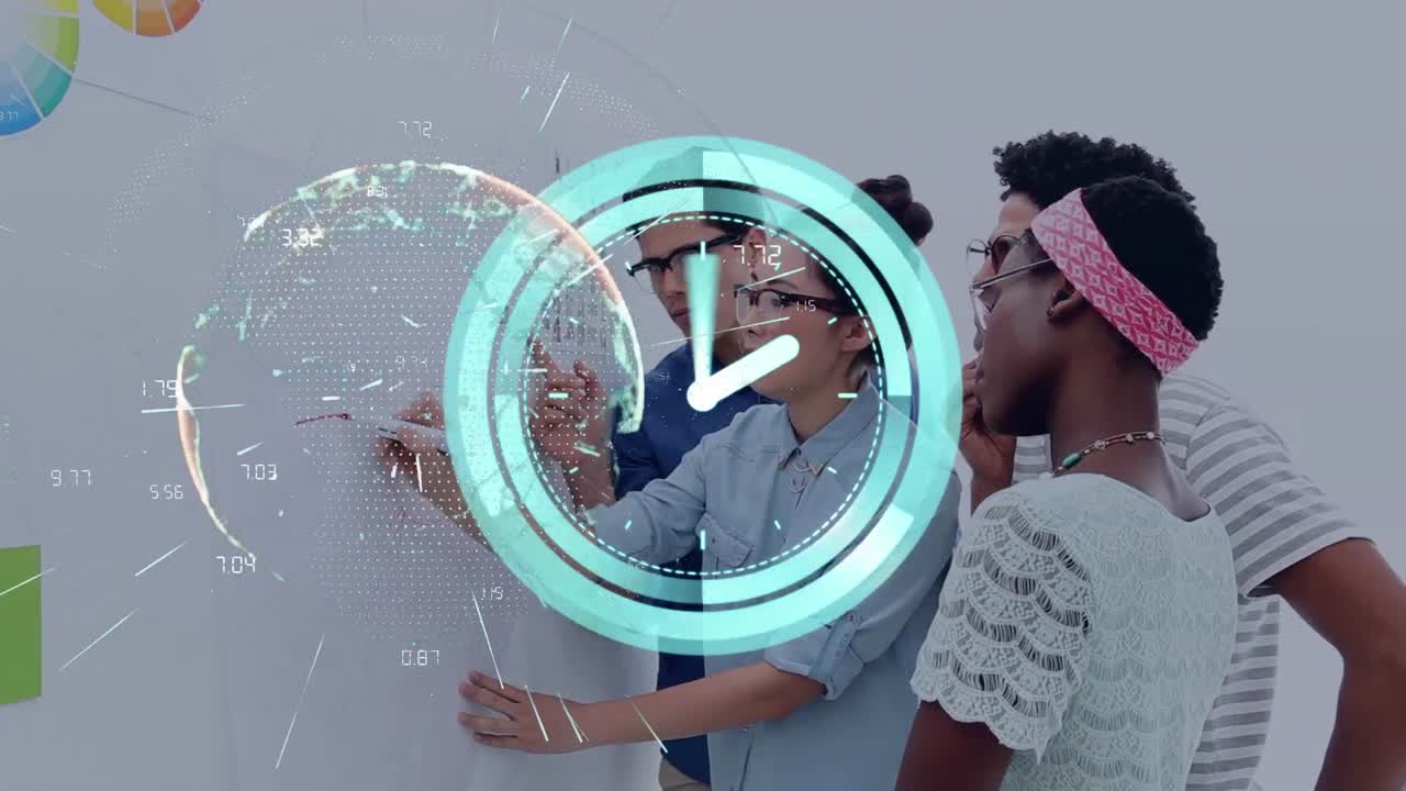 Animation of global network and scanner with clock processing data, and diverse colleagues in office