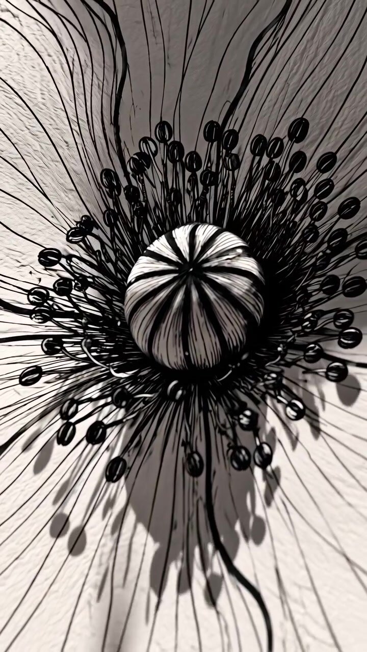 Una vista ravvicinata avanza verso il centro scuro del fiore, mentre il nucleo a strisce e gli stami raggruppati si ingrandiscono contro petali pallidi e venati, creando un forte contrasto in bianco e nero e una profondità stratificata.