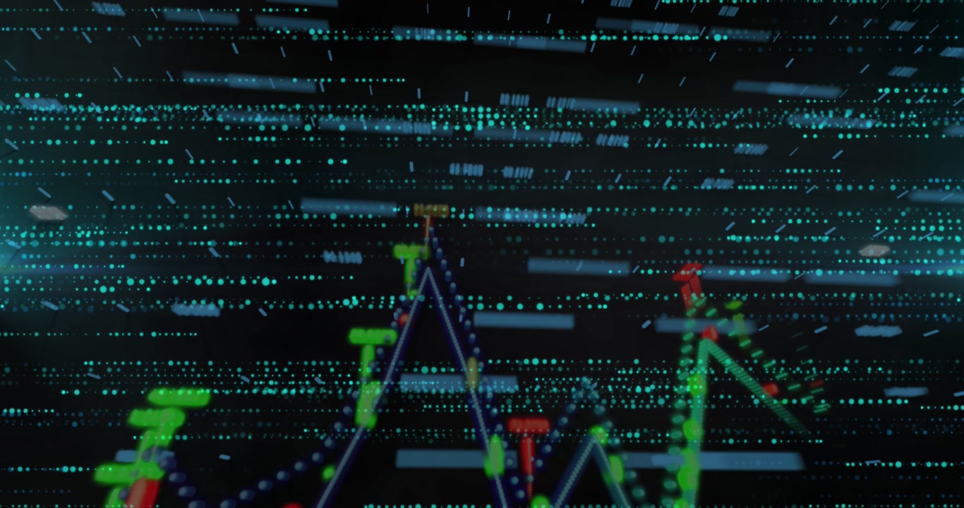 Animation of data processing and shapes on black background
