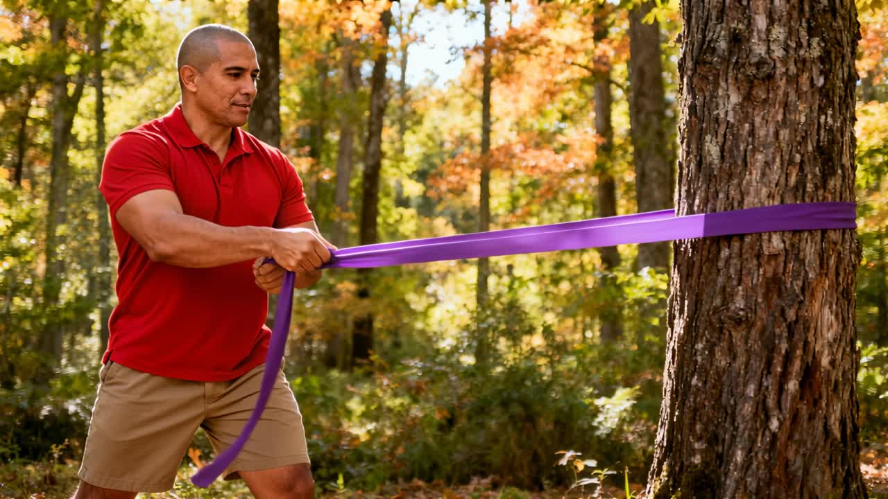 Uomo in polo rossa che tira una fascia elastica dopo averla avvolta attorno a un albero in una foresta autunnale per la forza