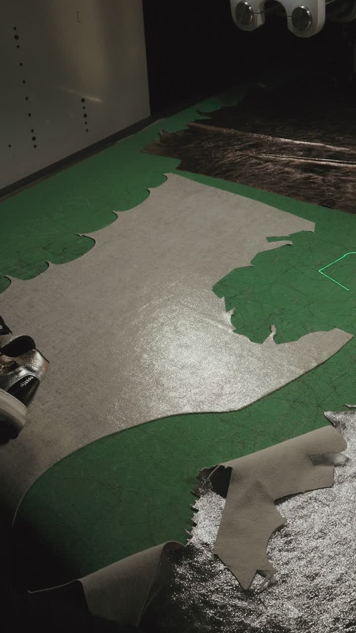 Vertical zoom-in view of precision-cut leather pieces processed by an automated laser cutting system for shoe manufacturing