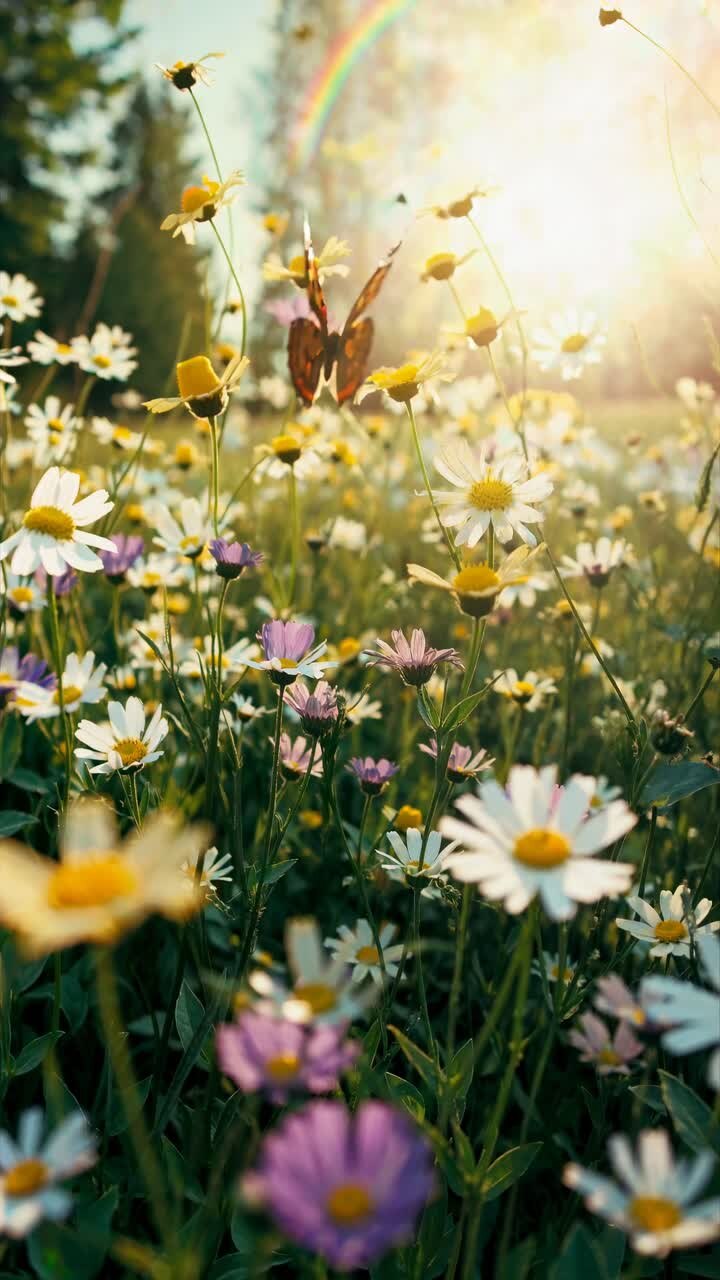 Low-angle video frame of a sunlit meadow with daisies and a butterfly, capturing a serene, natural