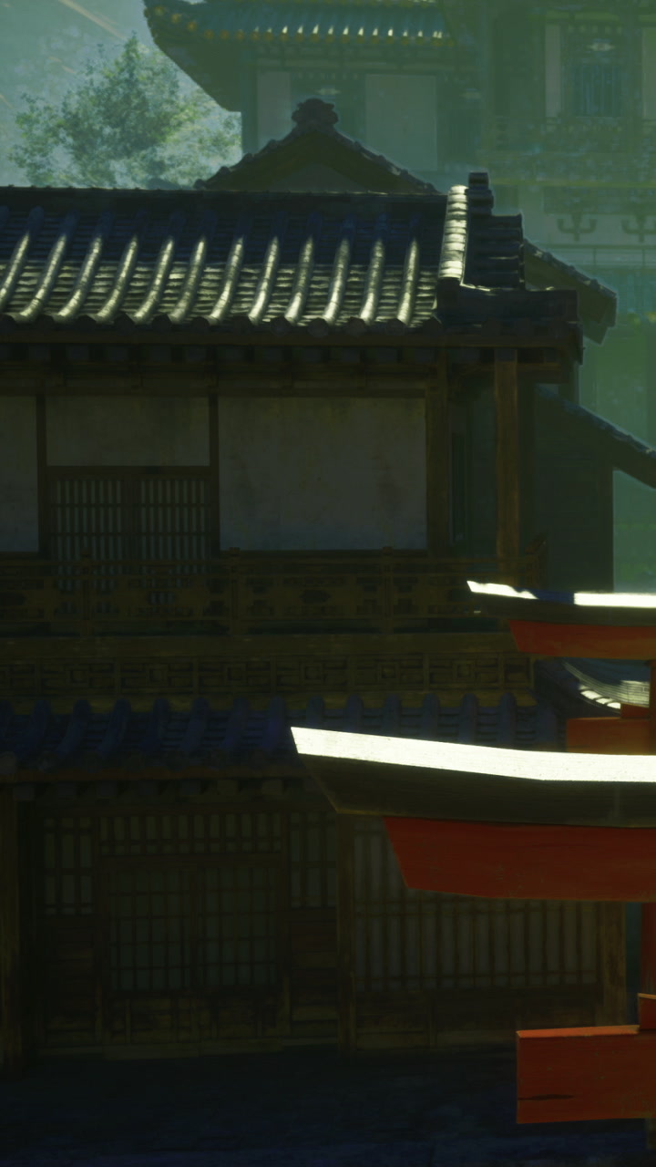 Traditional building set in quiet landscape with trees and sunlight visible