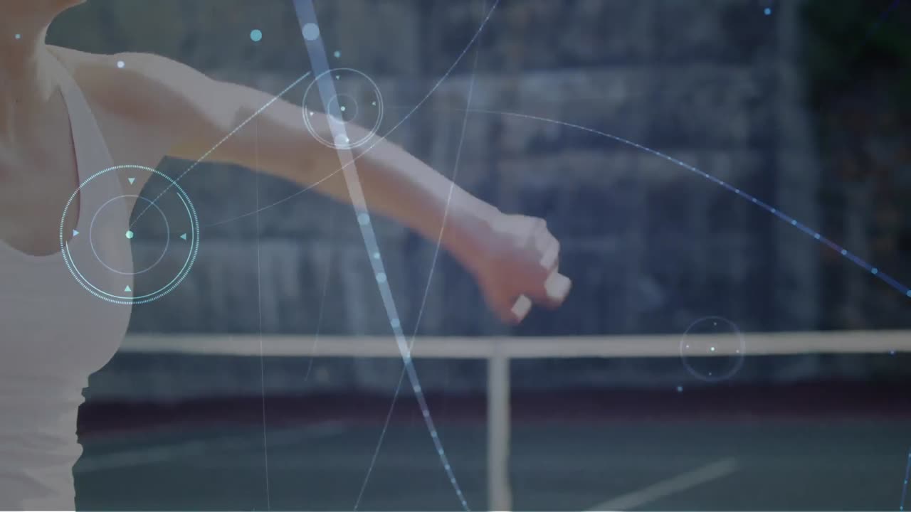 테니스 코트에서 여성 테니스 선수에 대한 연결 네트워크의 애니메이션
