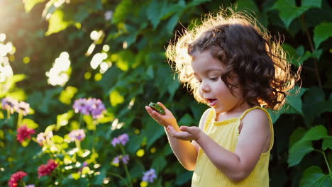young girl gently holds a frog in a sunny garden