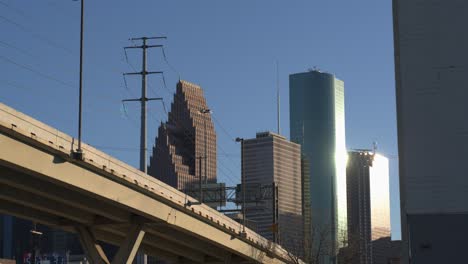 low angle aerial view of downtown houston