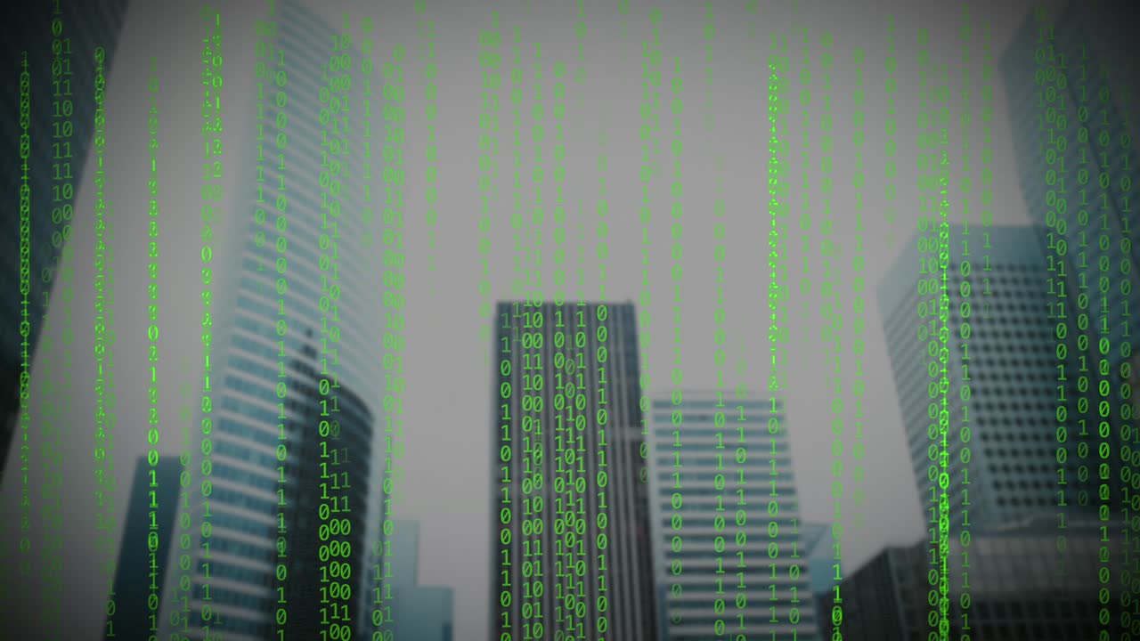 A visual effect of green matrix-style code falls over a dark, modern cityscape. This clip evokes themes of cyberspace, big data, hacking, and artificial intelligence