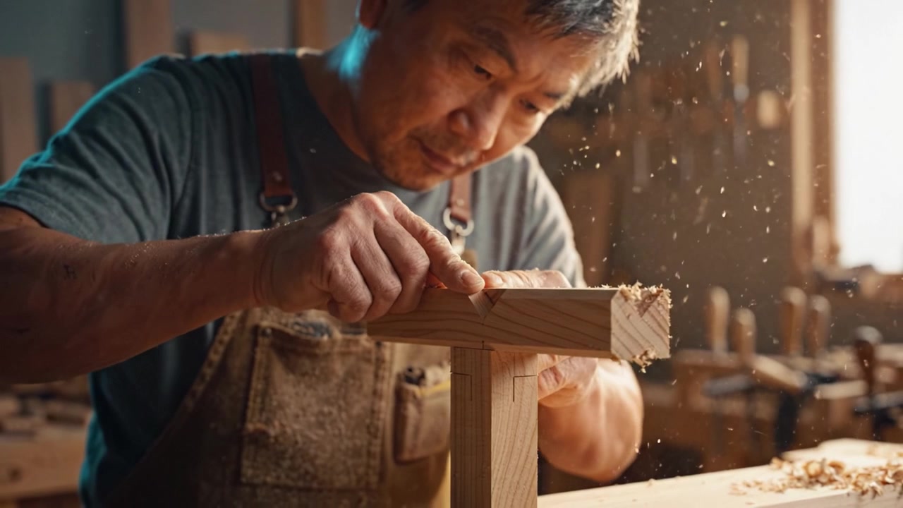 工匠在工作室中以細緻精準的態度完善木工接合技術，展現傳統技藝和精湛的木工工藝