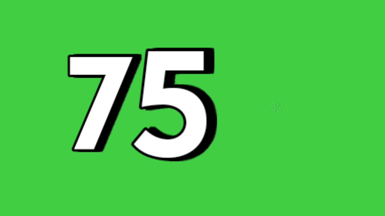 Animazione simbolo segno 75% su schermo verde, grafica in movimento percentuale per sconti e vendite flash, elemento video per concetto aziendale.