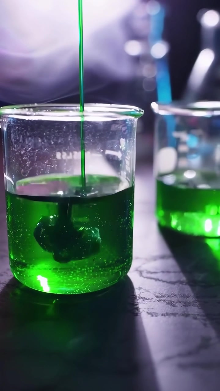 Versare liquido verde in un becher per una reazione chimica