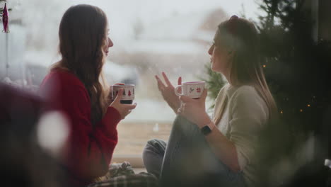 sisters talking while holding coffee cups by window during christmas at home