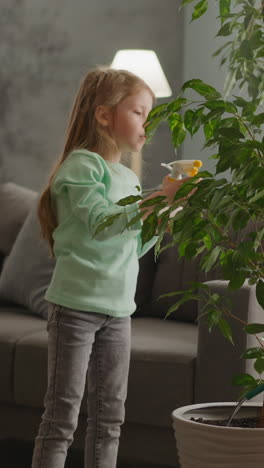 long haired mother waters ficus with little daughter spraying leaves of tree in apartment slow motion. happy family gardening and plants cultivation