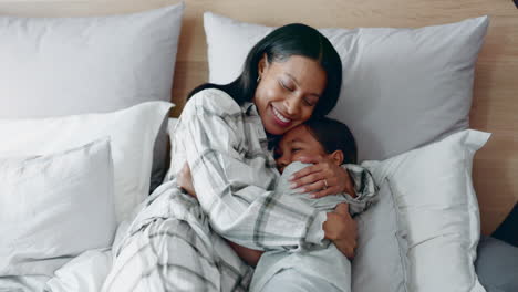 Bed,-hug-and-mother-with-child-with-parent-love