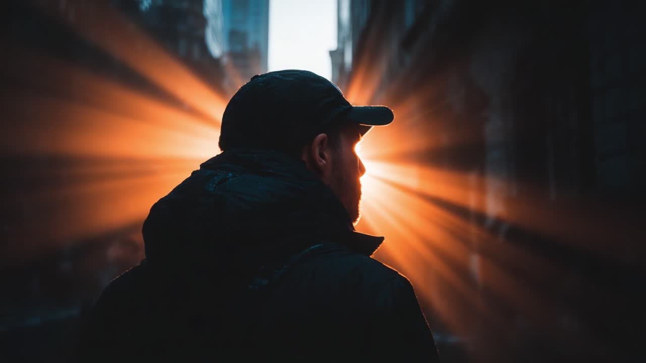 A solitary figure stands amidst urban light beams, depicting a moment of introspection as the sun's rays burst dramatically through the cityscape, illuminating the streets