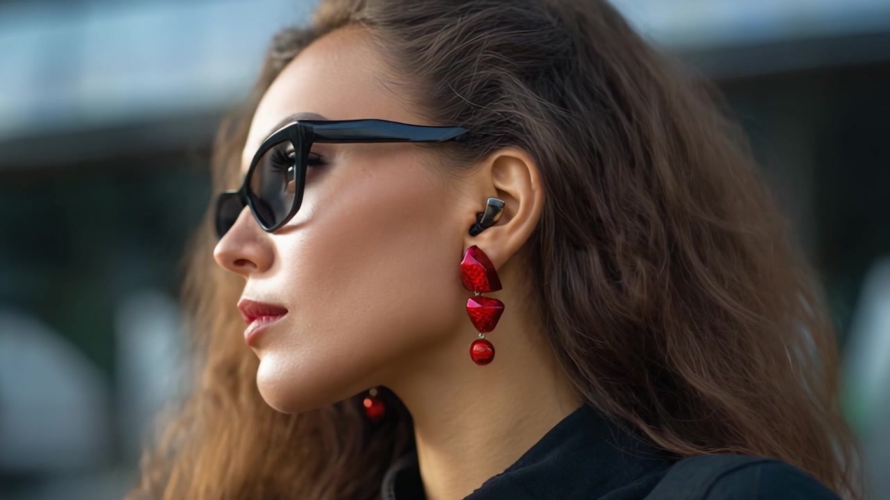 Giovane donna elegante con occhiali da sole e orecchini di tendenza in un contesto urbano, che mostra le moderne tendenze della moda e le scelte di accessori per uno stile contemporaneo.