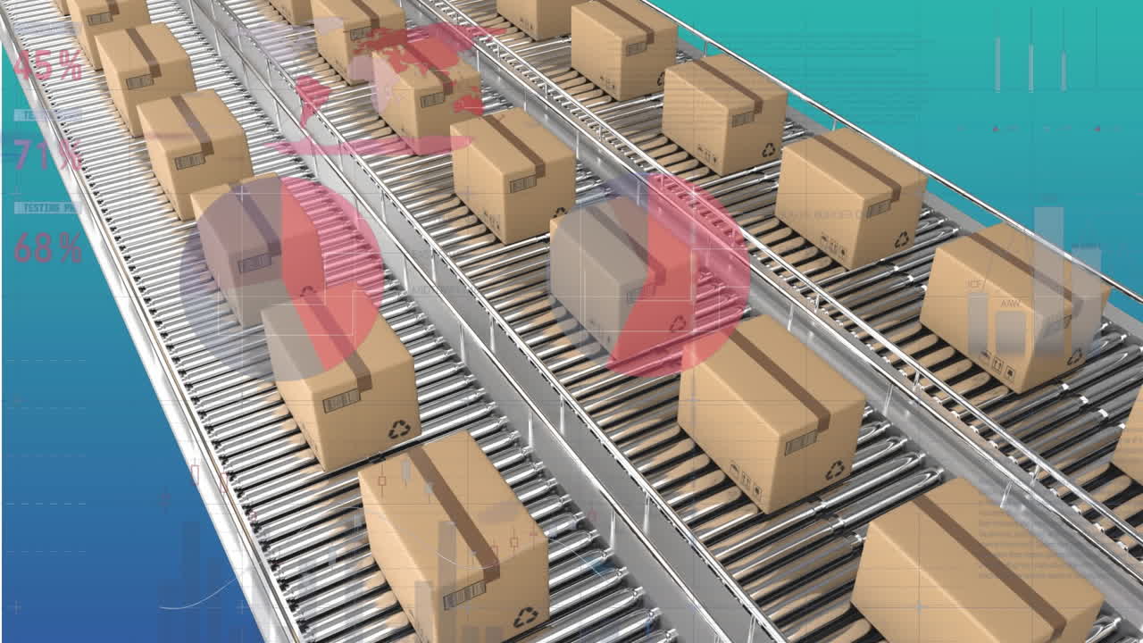 파란색 배경에 대한 컨베이어 벨트에 있는 상자 위의 통계 데이터 처리의 애니메이션