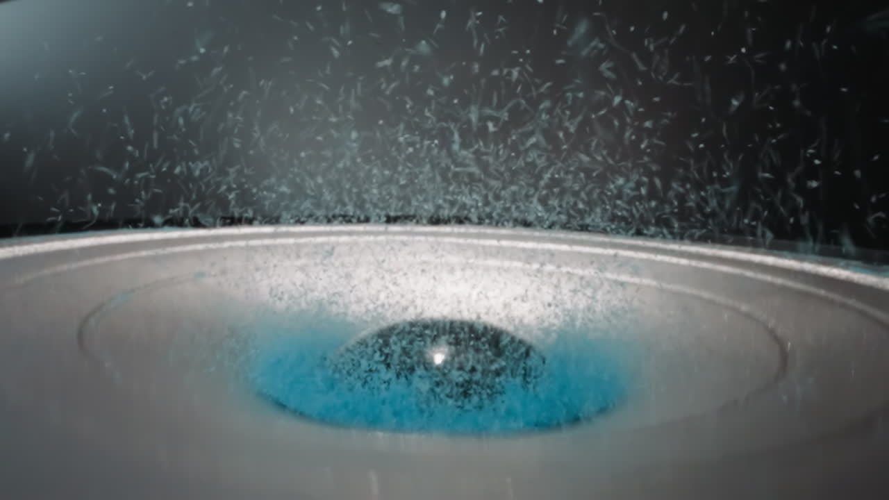 Granules of food coloring bounce on diaphragm of speaker