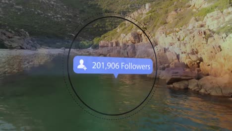 animación del icono de las redes sociales y la orilla rocosa con paisaje marino