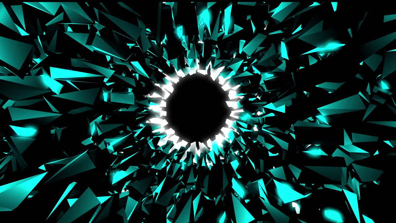 Abstract Geometric Tunnel with Shattered Teal Triangles and Glowing Light