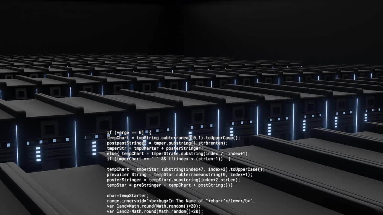 Animation of text data processing over banks of flashing computer servers in dark server room