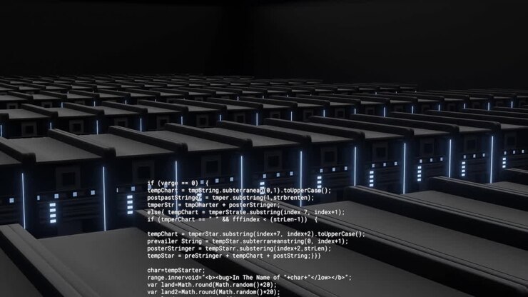 Animation of text data processing over banks of flashing computer servers in dark server room