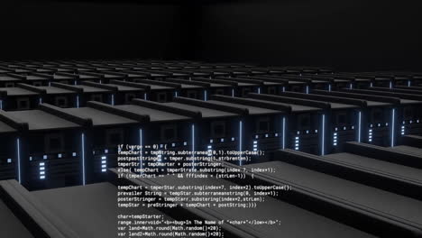 animation of text data processing over banks of flashing computer servers in dark server room